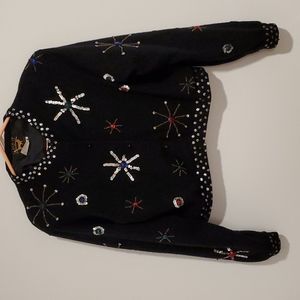 VINTAGE Black long sleeve lined cardigan bead rhinestone embellished Medium EUC